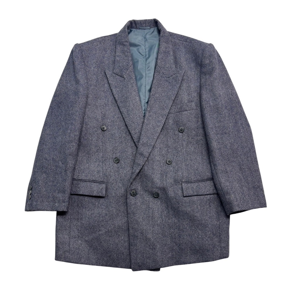 vtg 80s Blue Birdseye 44S Double Breasted Tweed Blazer Jacket Sport Coat Wool